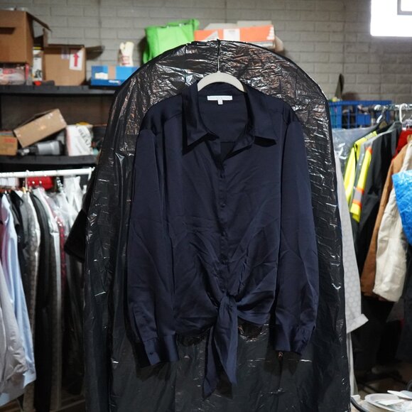 Preston & York XXL Satin Tie Waist Blouse Navy Blue Button Up Shiny Career Top - Picture 8 of 13